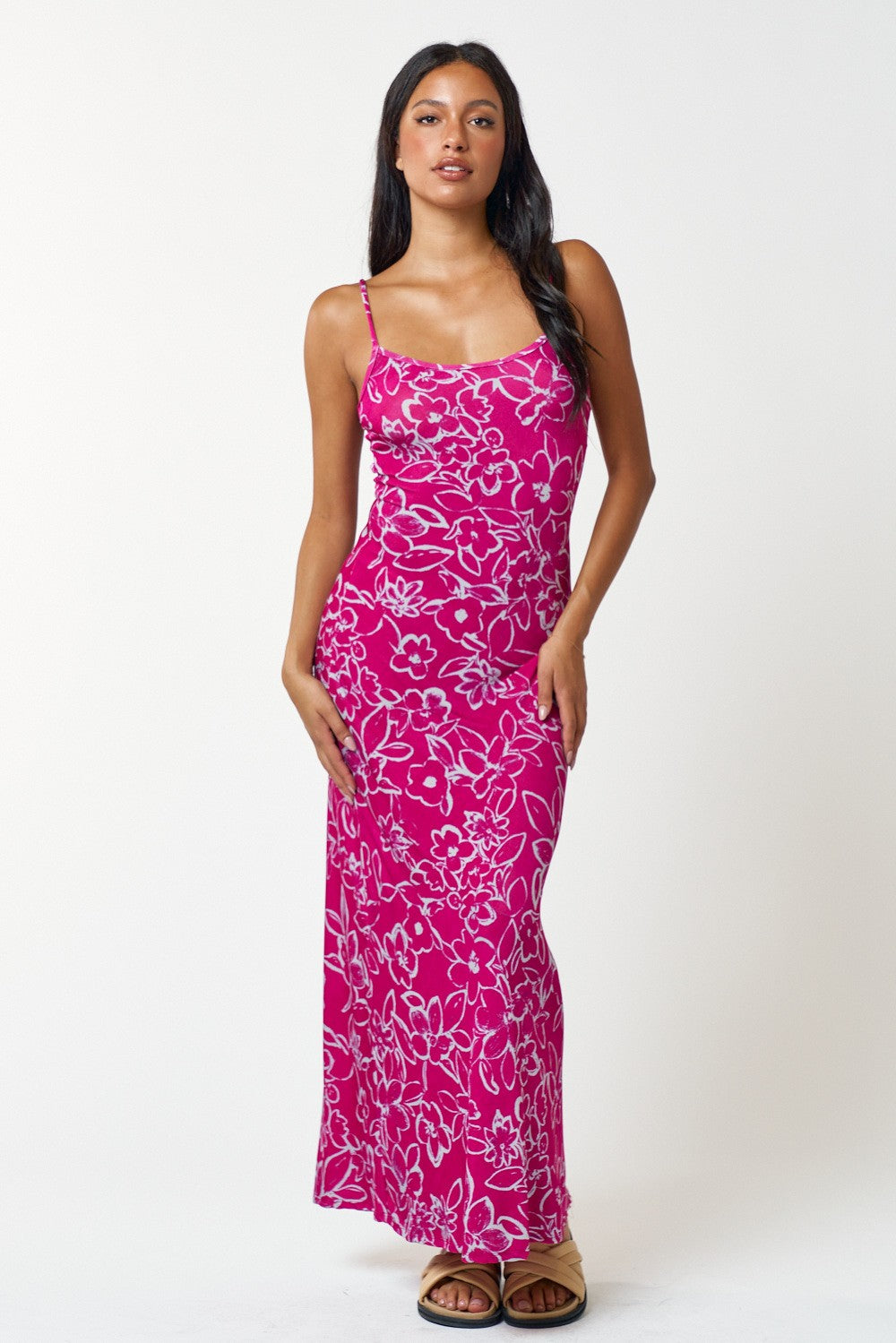 Formal Dresses Long Spaghetti Strap Floral Print Maxi Dress Magenta