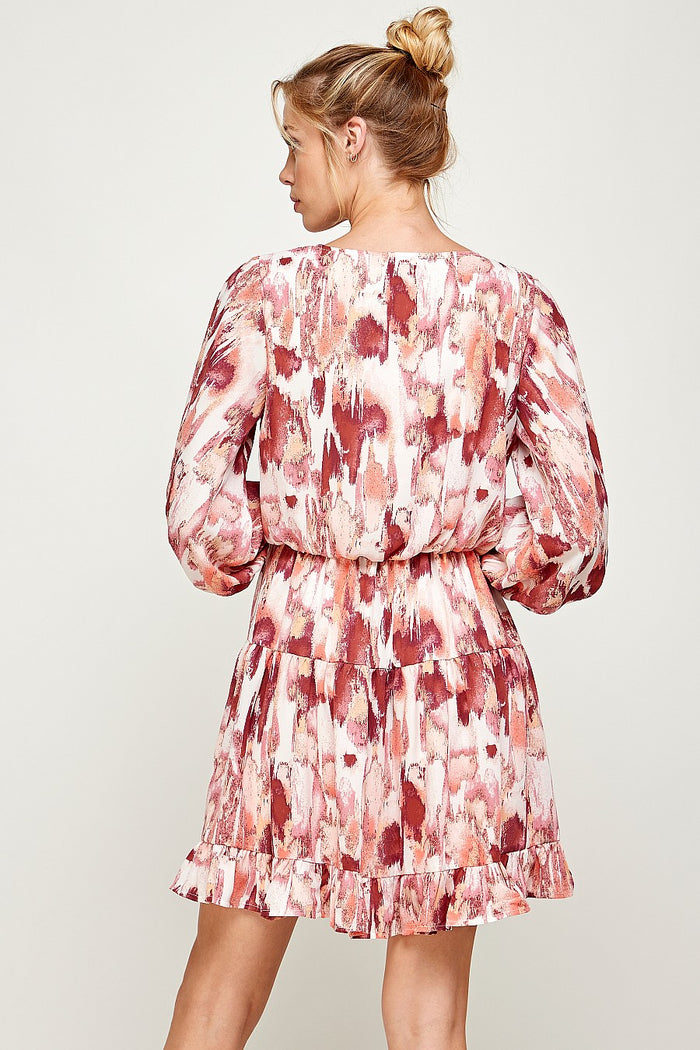 Cocktail Dresses Short 3/4 Sleeve V Neck Printed Dress Cognac