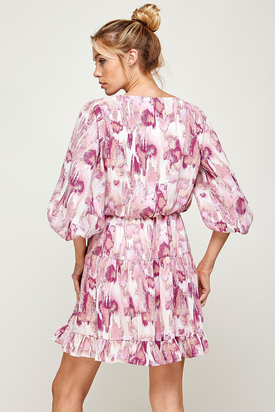 Cocktail Dresses Short 3/4 Sleeve V Neck Printed Dress Magenta