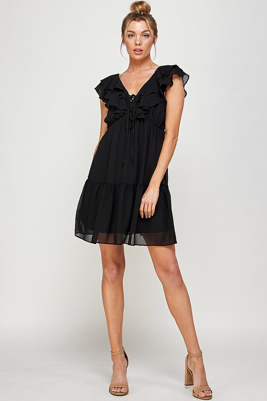 Black Short V Neck Ruffled Mini Dress