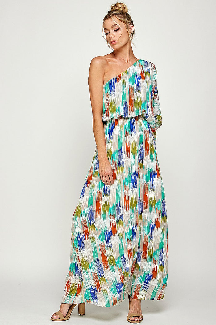 Formal Dresses Long One Shoulder Brushed Print Maxi Dress Cognac/Royal/Green