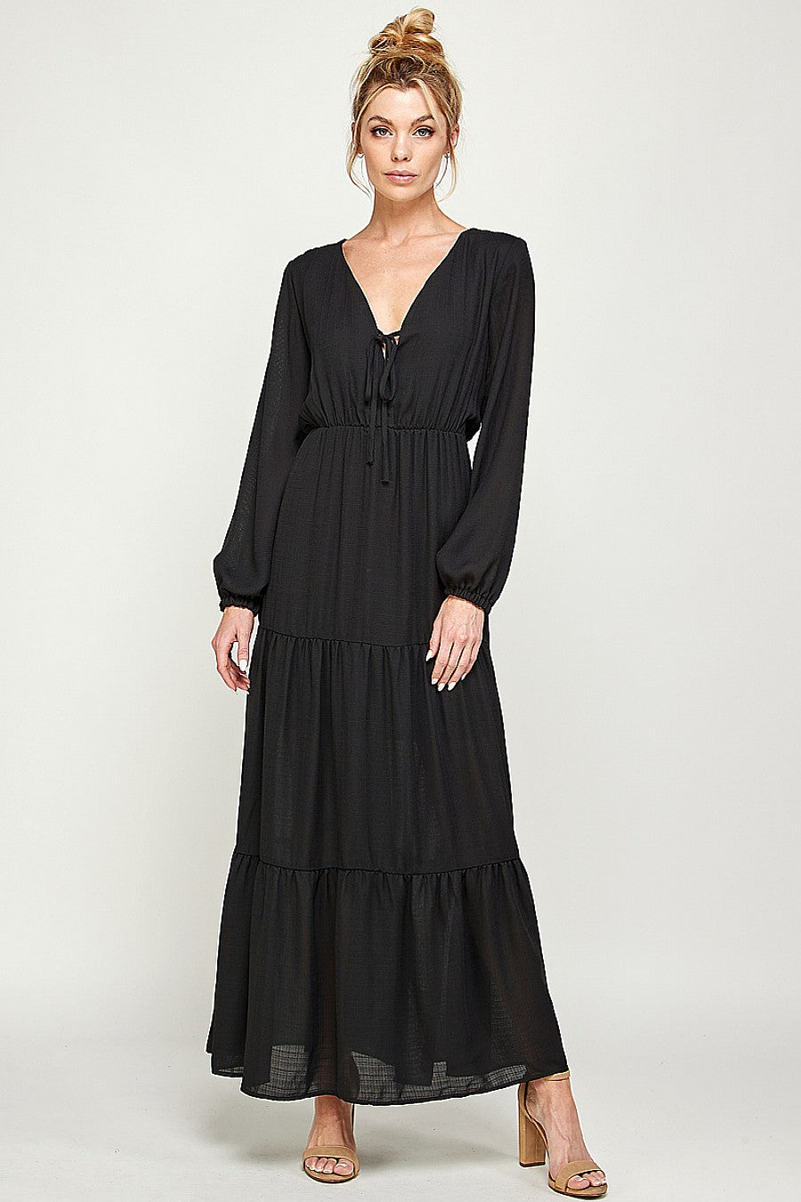 Black Long Sleeve V Neck Maxi Dress
