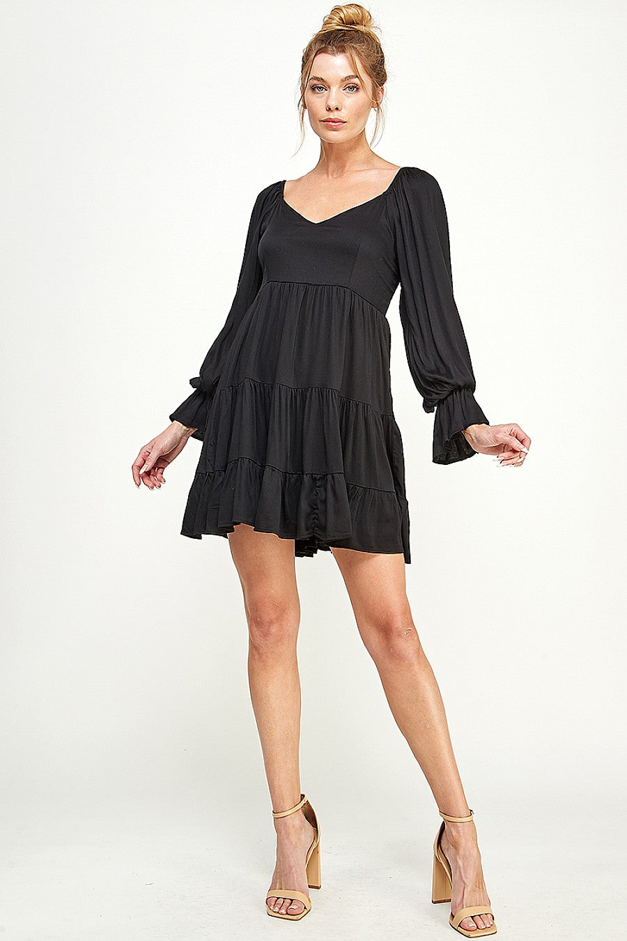 Black Long Sleeve Tiered Dress