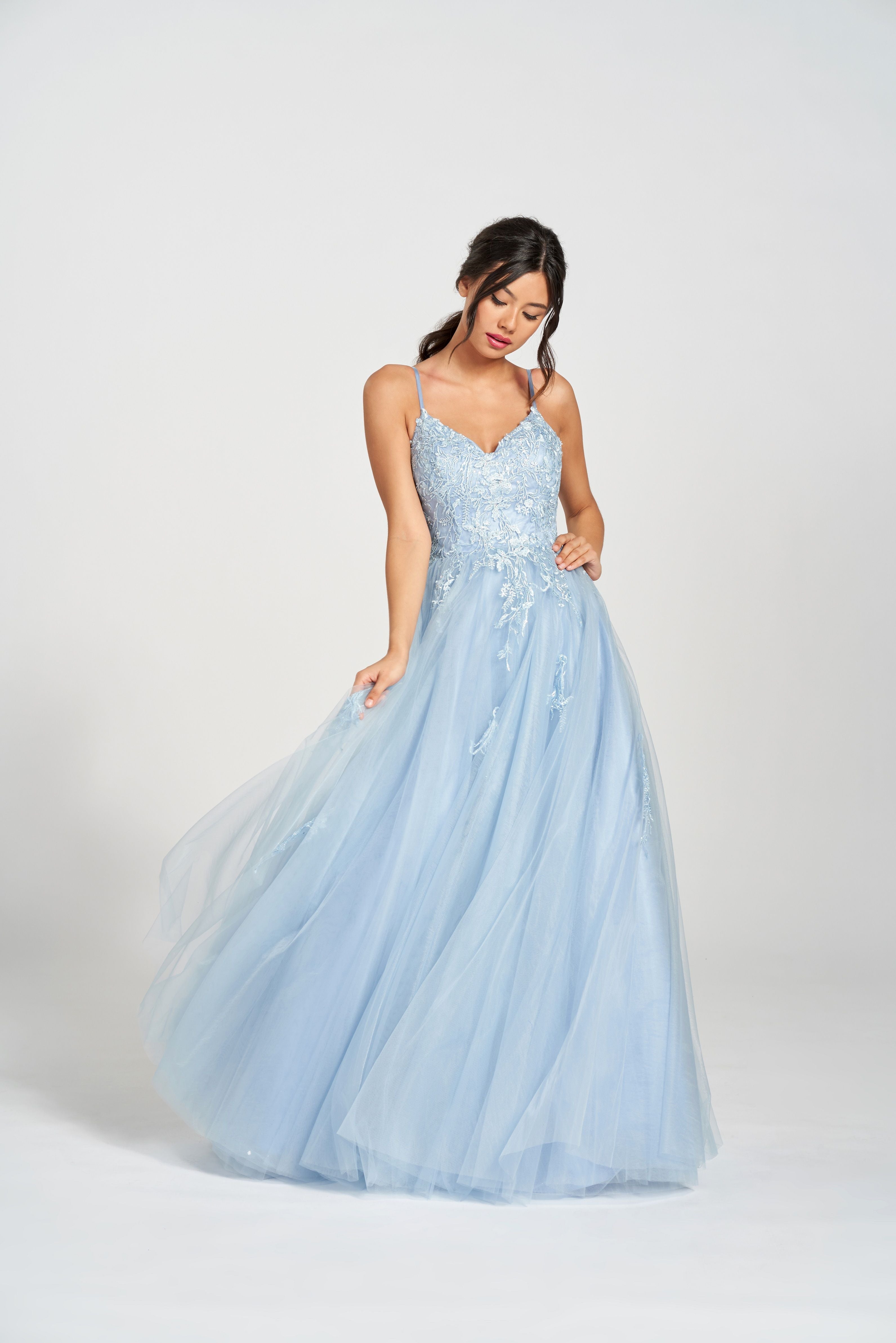 Prom Dresses Long Formal Beaded Prom Applique Dress Misty Blue