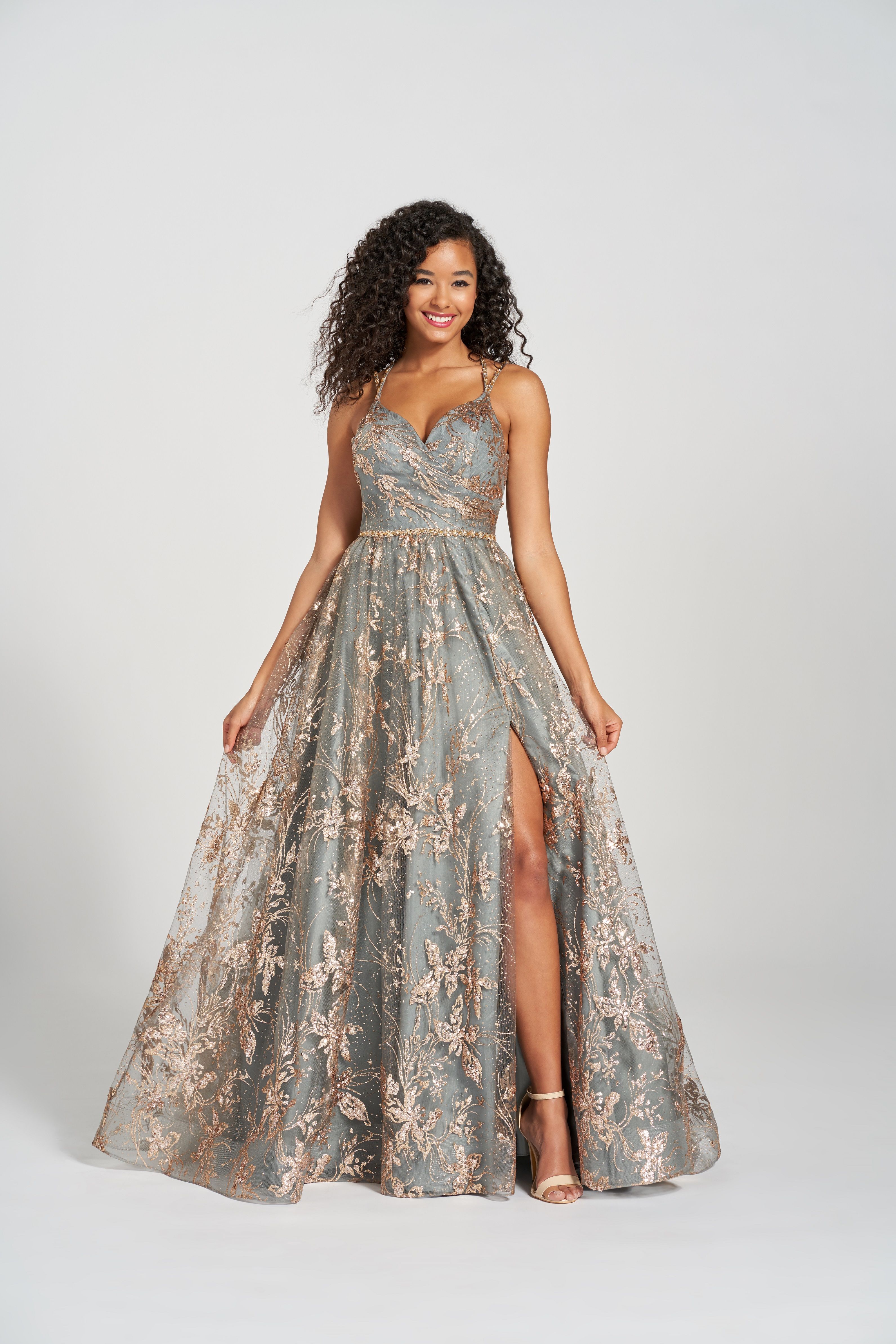 Gold/Pewter Colette CL12218 Glitter Formal Prom Long Dress