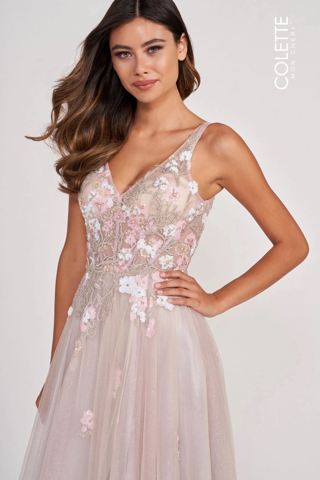 Prom Dresses Formal Sequin Floral Applique Prom Long Dress Silver/Multi