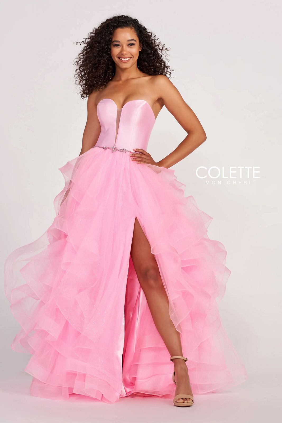 Prom Dresses Glitter Flounce Formal Prom Long Ball Gown Pink