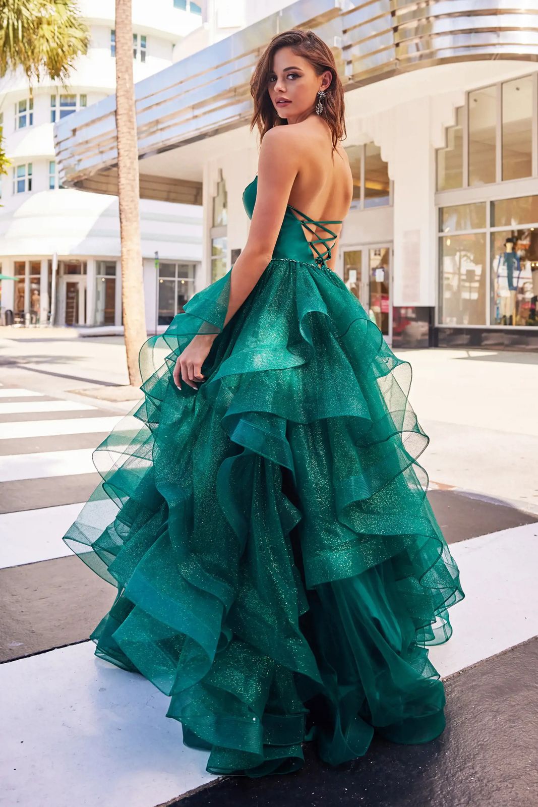 Prom Dresses Glitter Flounce Formal Prom Long Ball Gown Spruce