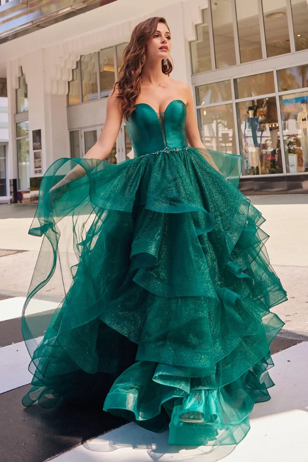 Prom Dresses Glitter Flounce Formal Prom Long Ball Gown Spruce