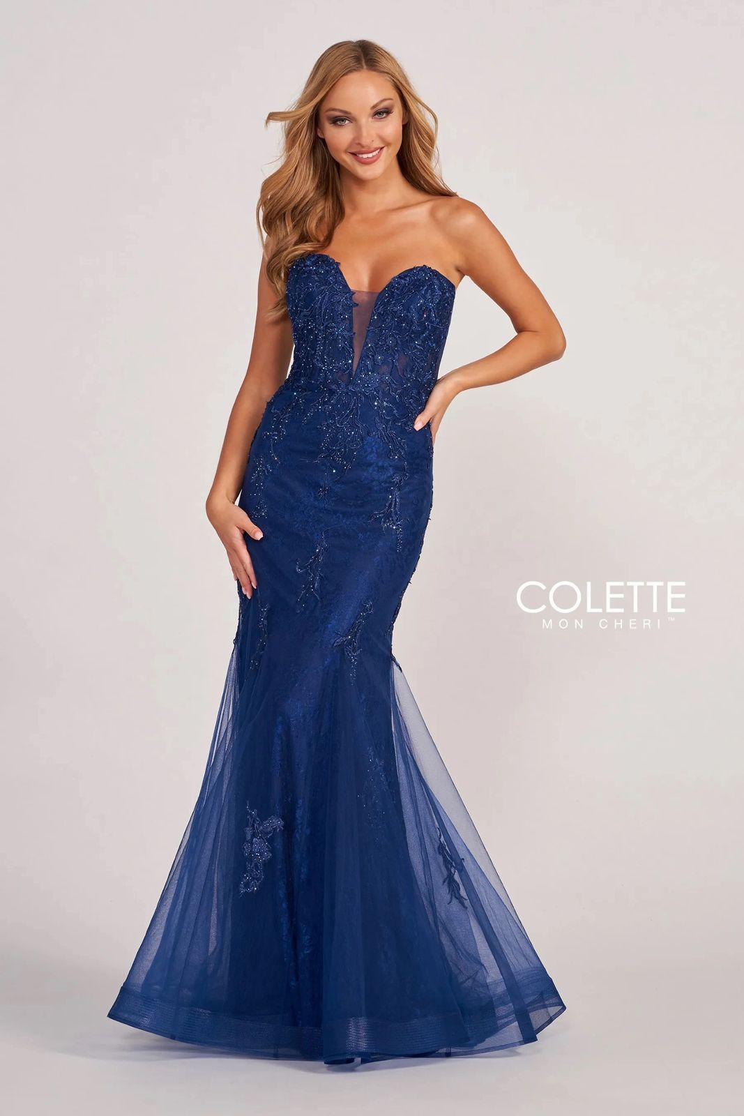 Navy Blue Colette CL2067 Applique Long Formal Mermaid Prom Dress