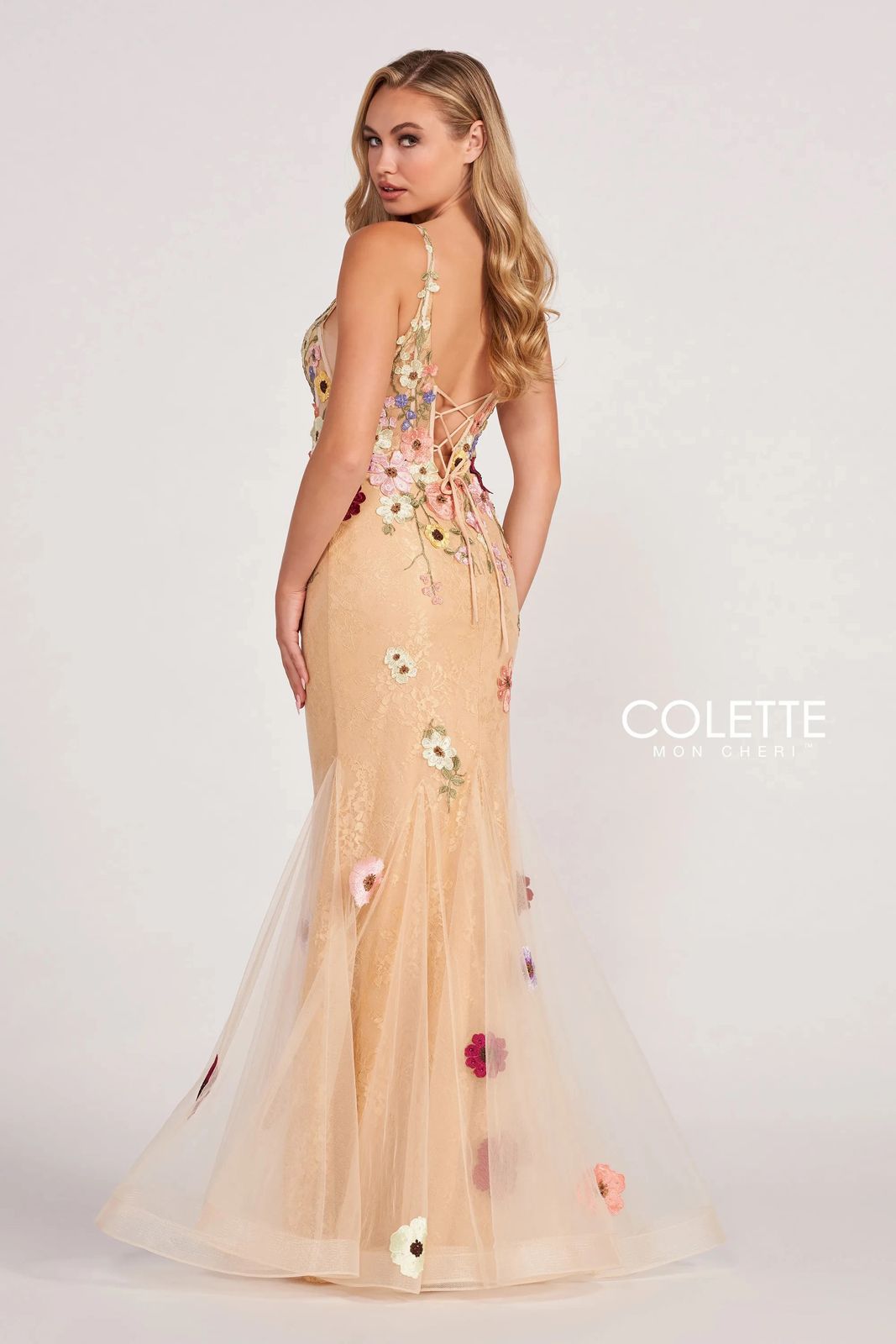 Prom Dresses Floral Applique Formal Mermaid Prom Long Dress Champagne/Multi