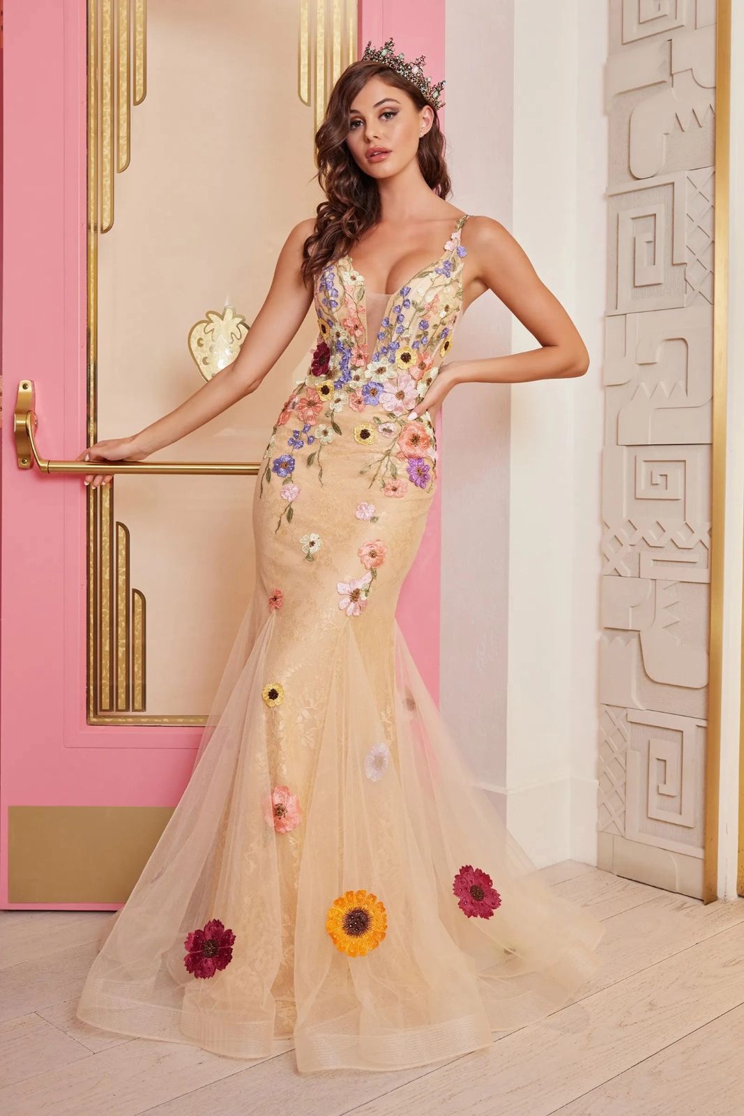 Prom Dresses Floral Applique Formal Mermaid Prom Long Dress Champagne/Multi