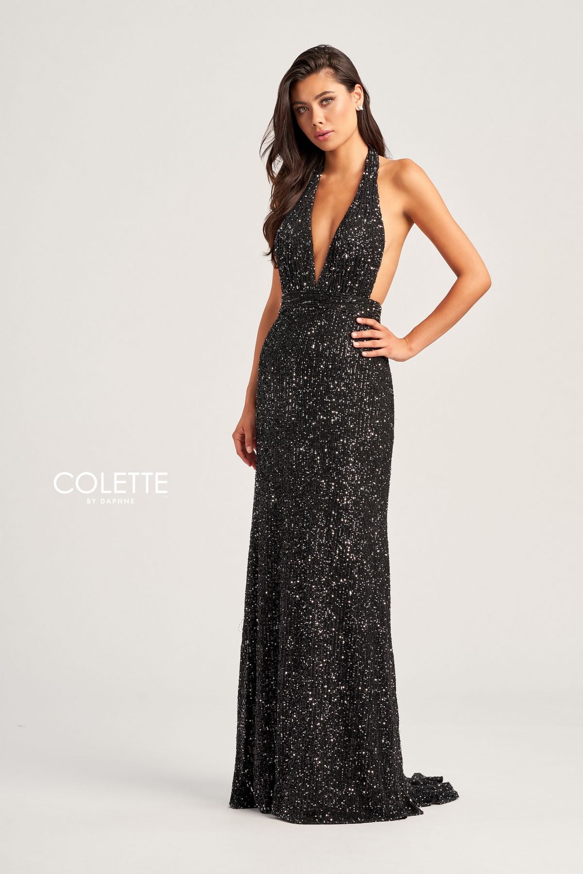 Black/Silver Colette CL5115 Sequin Prom Long Halter Formal Dress