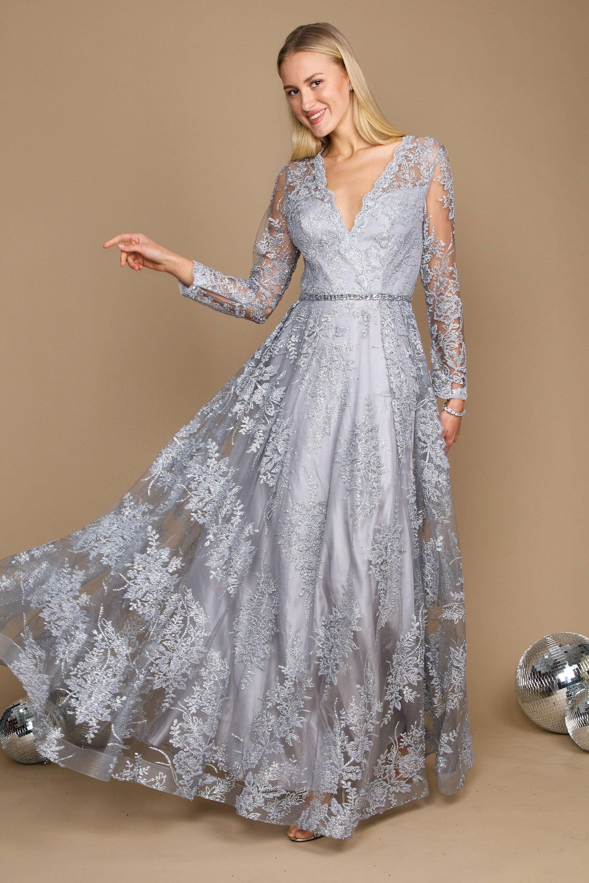 Charcoal Long Sleeve Formal Dress Evening Gown for $89.0 – The Dress Outlet