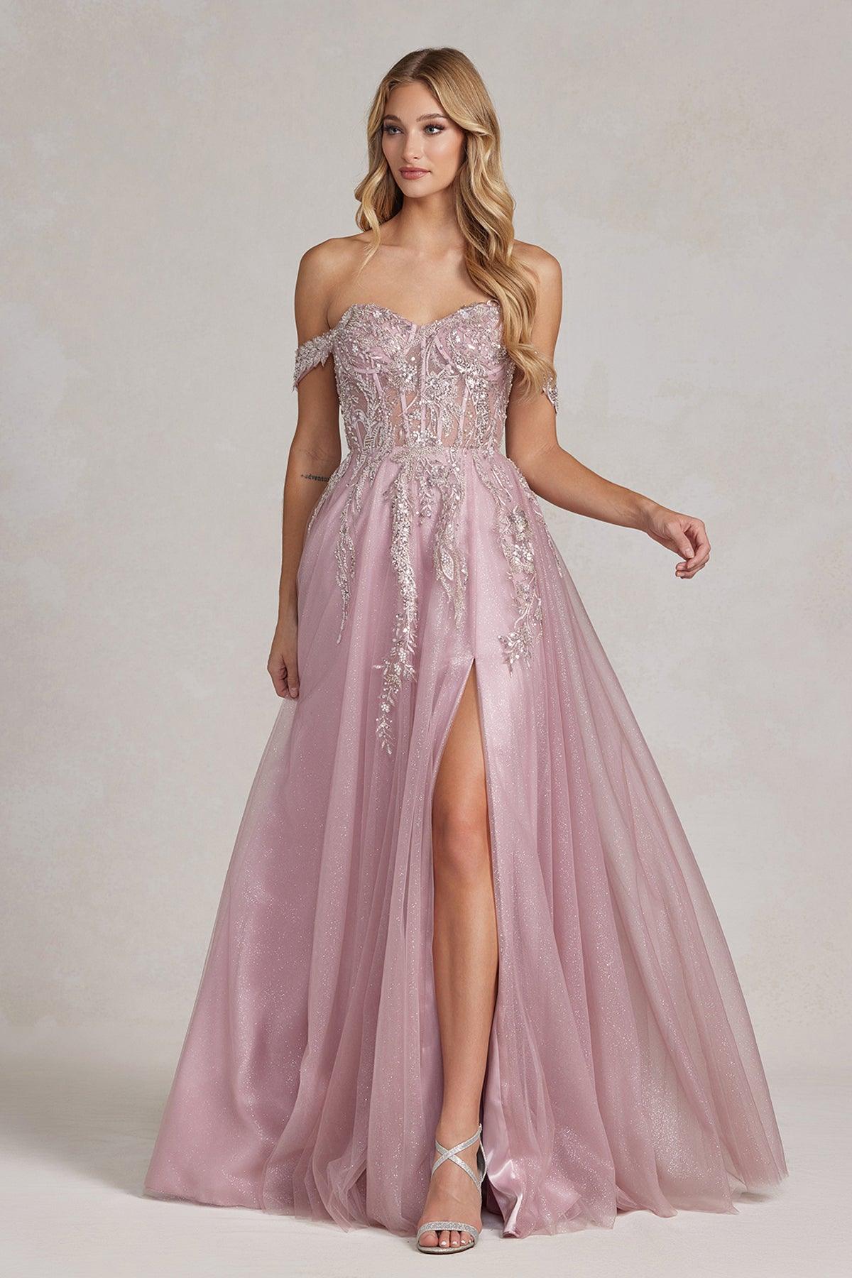 Nox Anabel E1128 Long Off Shoulder Beaded Prom Gown Rose