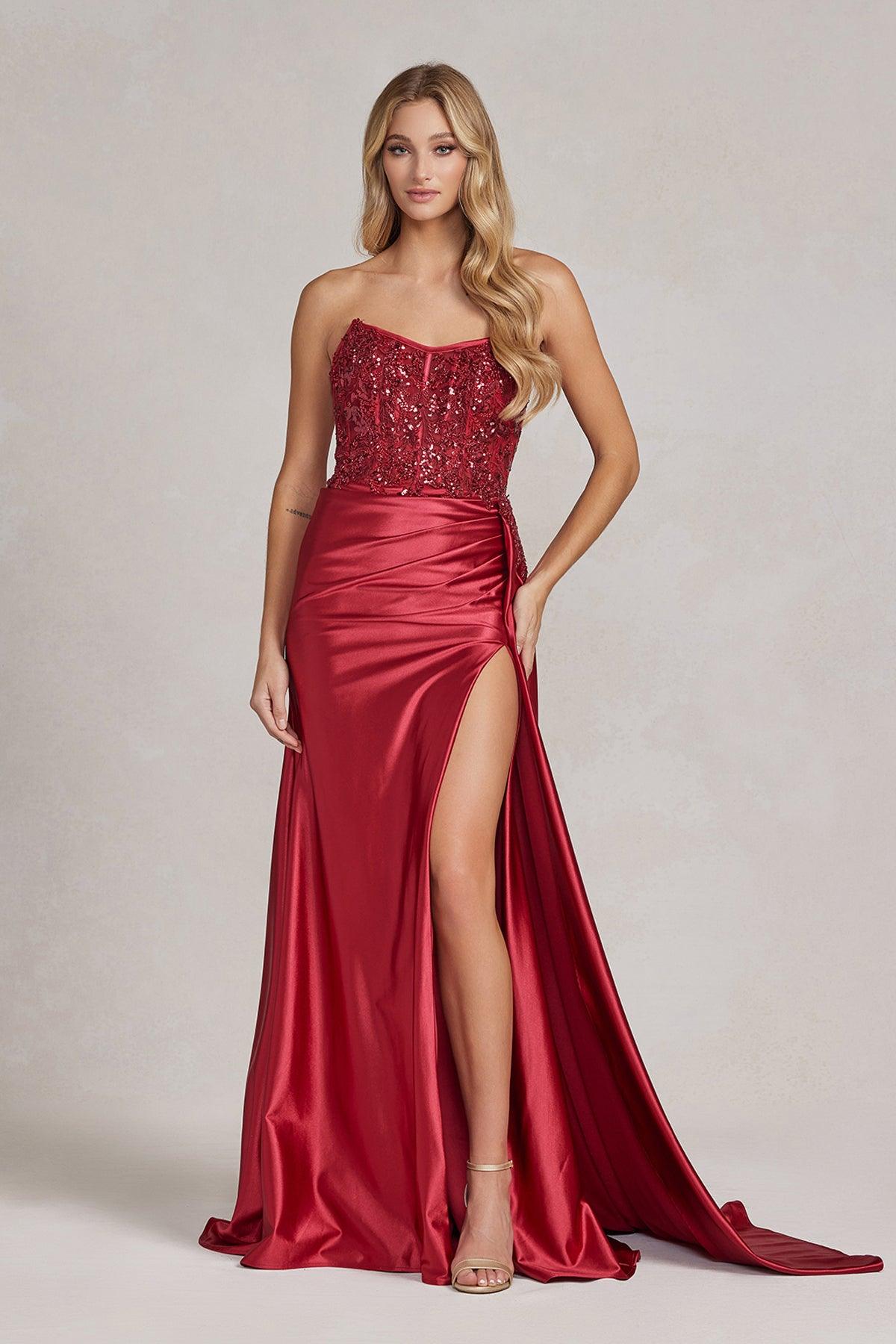 Ruched Satin Burgundy Strapless Prom Dress With Slit