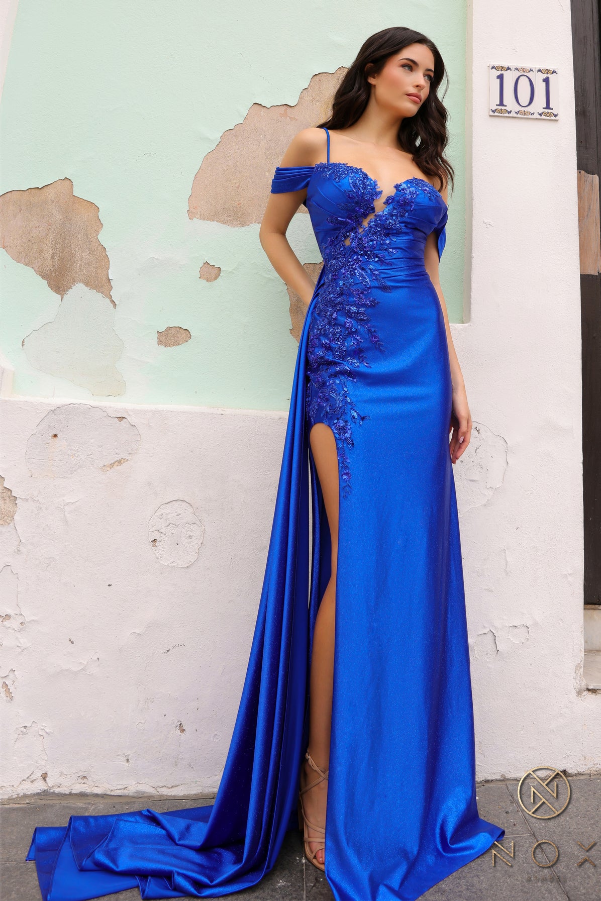 Royal Blue Nox Anabel E1451 Fitted Overskirt Long Prom Dress