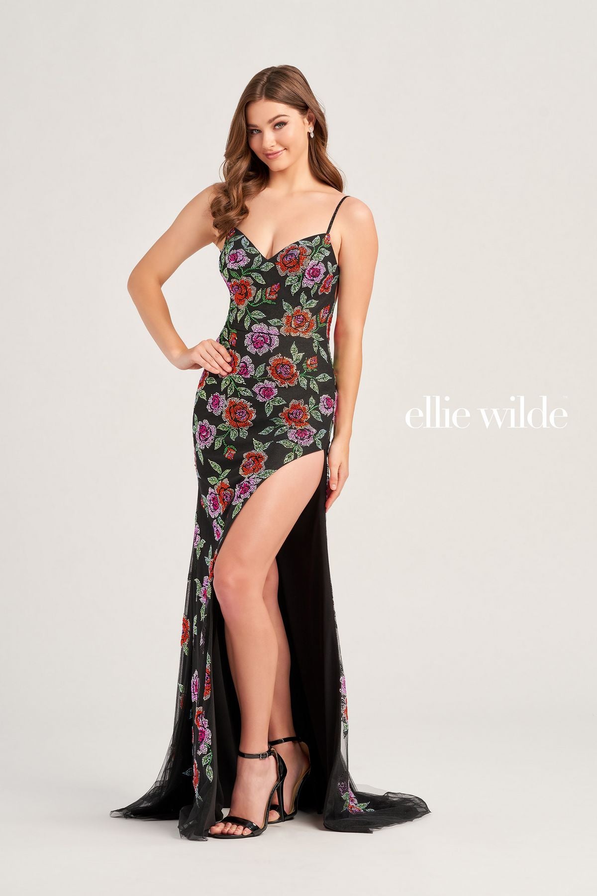 Prom Dresses Fitted Long Formal Floral Beaded Prom Gown Black/Multi