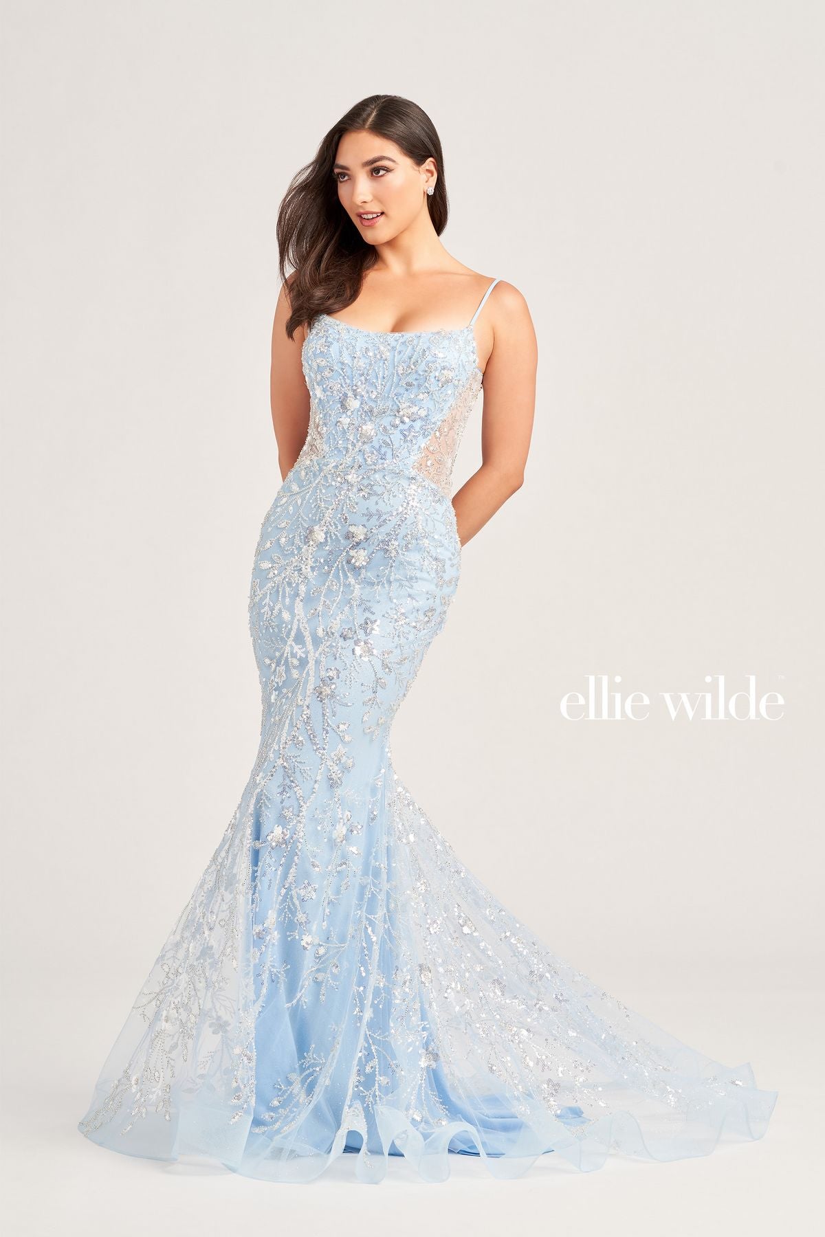 Light Blue Ellie Wilde EW35204 Long Fitted Formal Sequin Prom Dress for