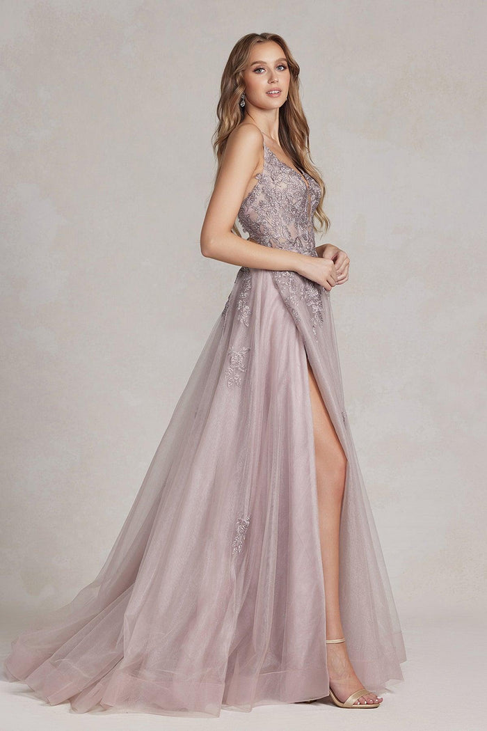 Nox Anabel G1149 Long Spaghetti Strap Sexy Prom Tulle Gown Light Mauve