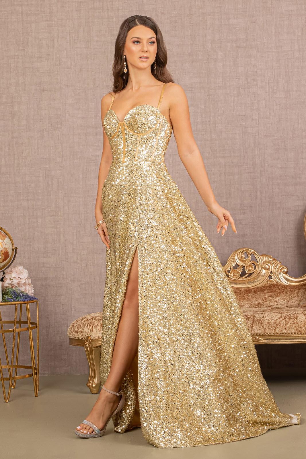 Gold Long Spaghetti Strap Sequin Prom Gown Prom Dresses Gowns