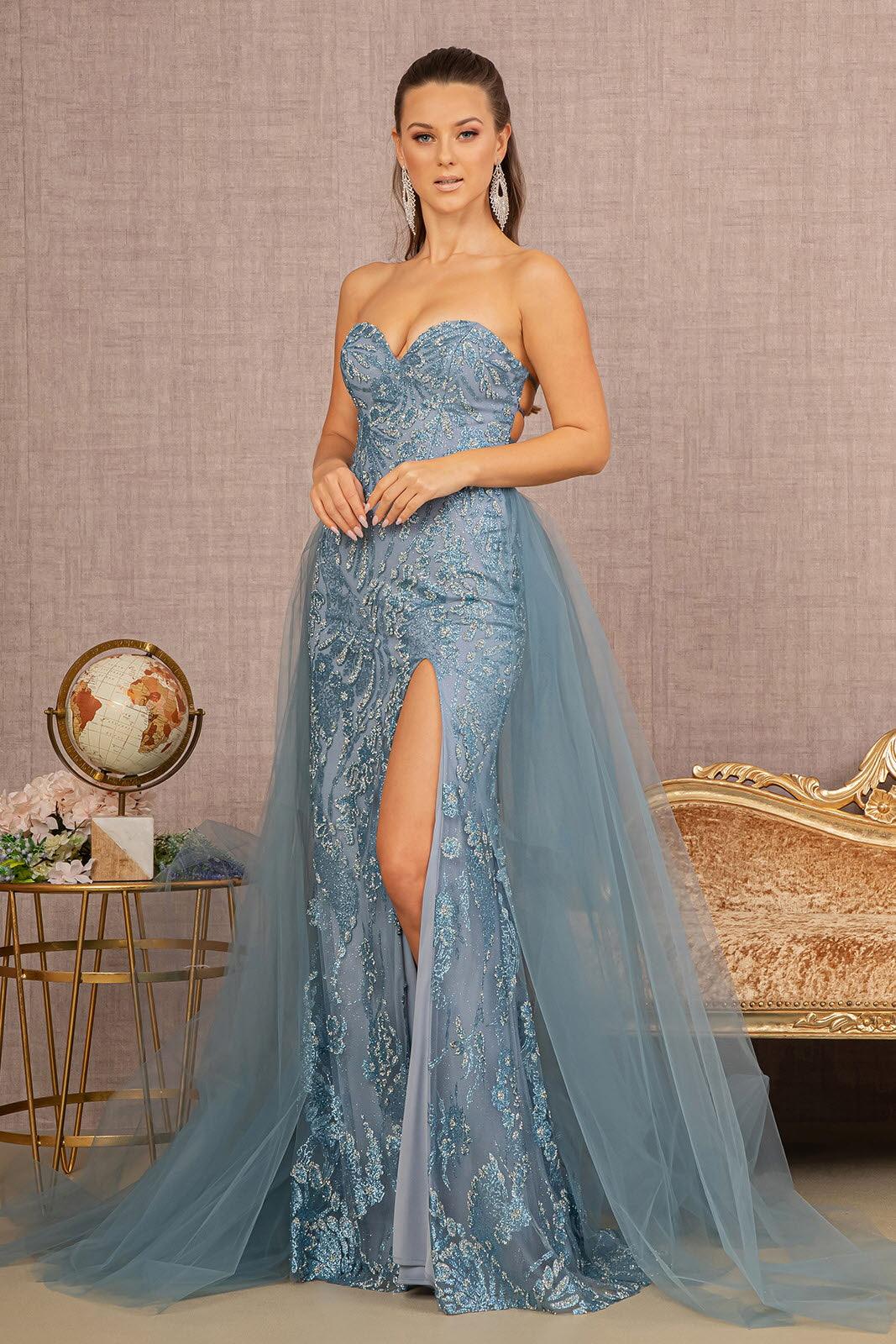 Smoky Blue Prom Long Strapless Glitter Dress