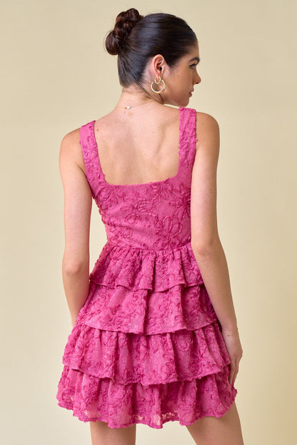 Cocktail Dresses Short Sleeveless Floral Ruffled Lace Dress Pink