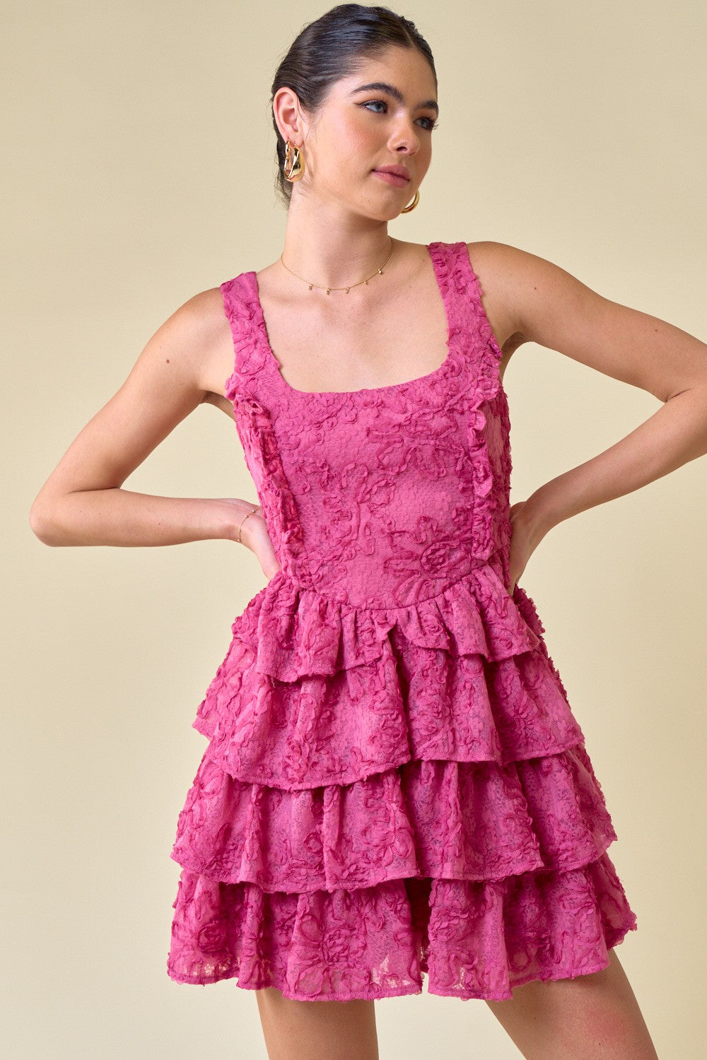 Cocktail Dresses Short Sleeveless Floral Ruffled Lace Dress Pink