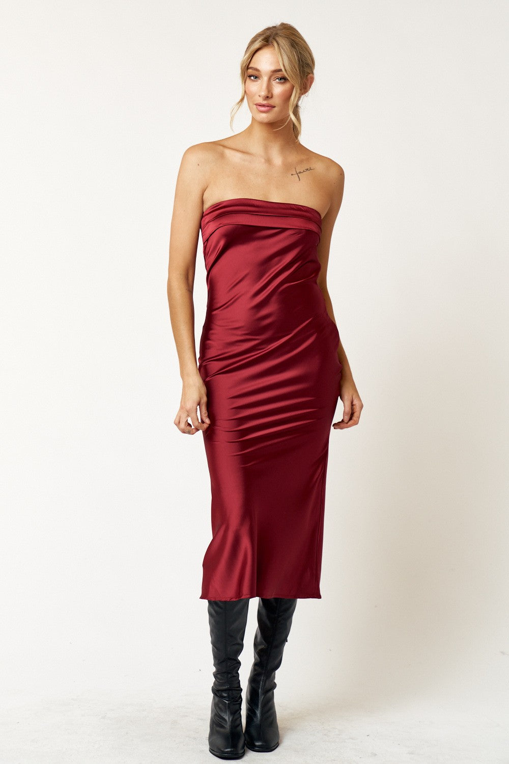 Strapless Satin Cowl Back Bandeau Midi Dress