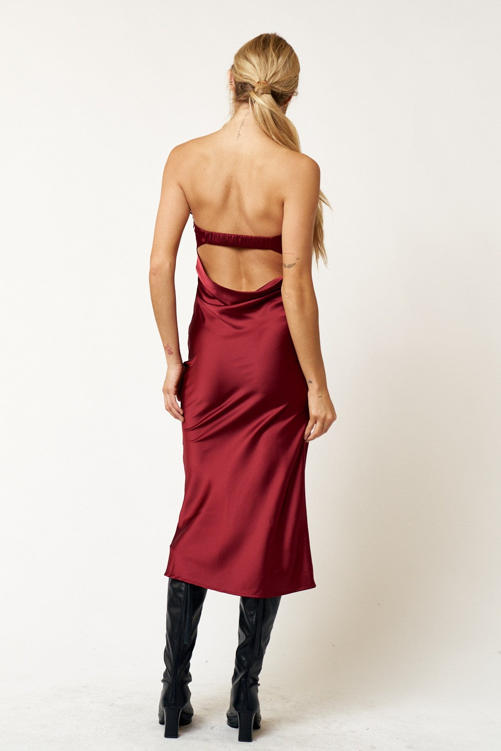 Strapless Satin Cowl Back Bandeau Midi Dress