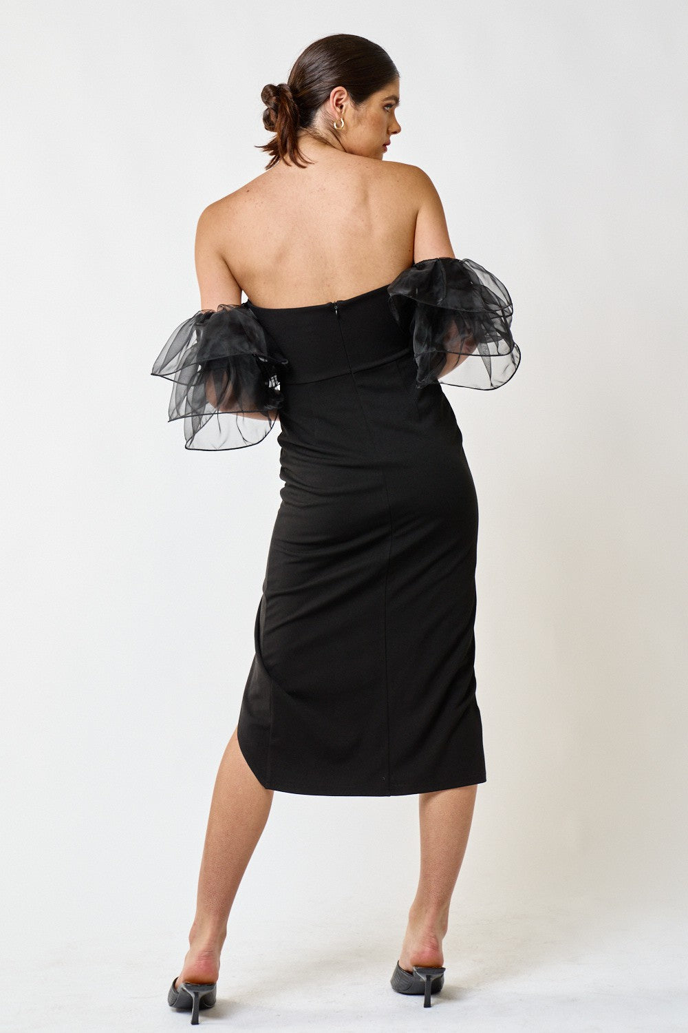 Cocktail Dresses Off Shoulder Organza Ruffle Sleeve Midi Dress Black