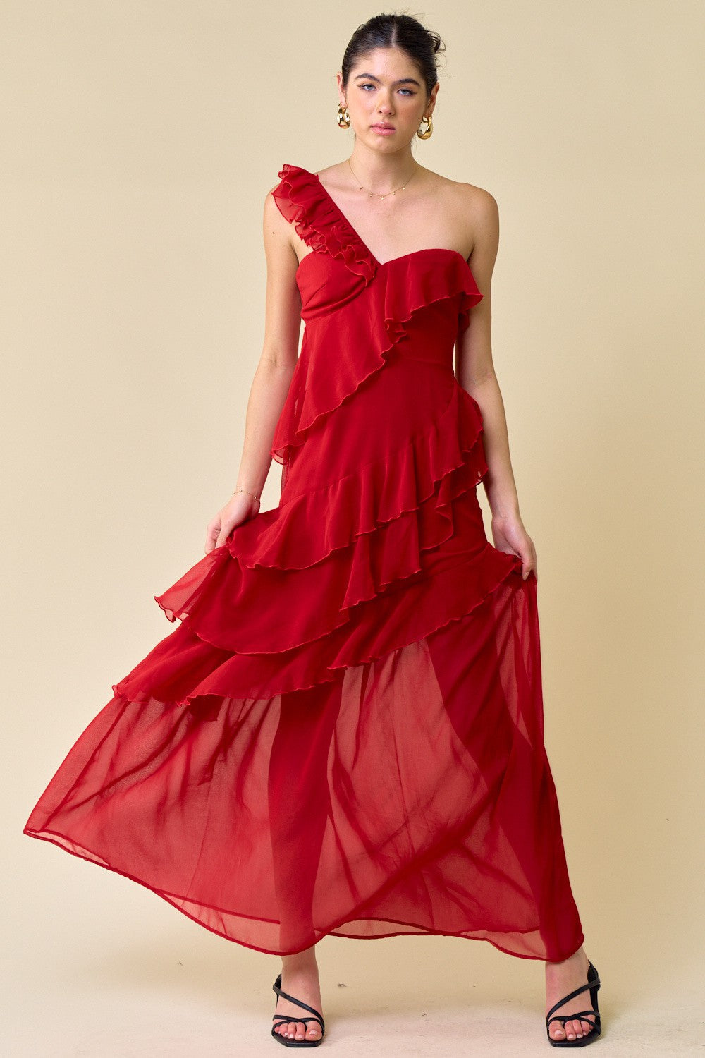 Formal Dresses Long One Shoulder Ruffled Dress Red