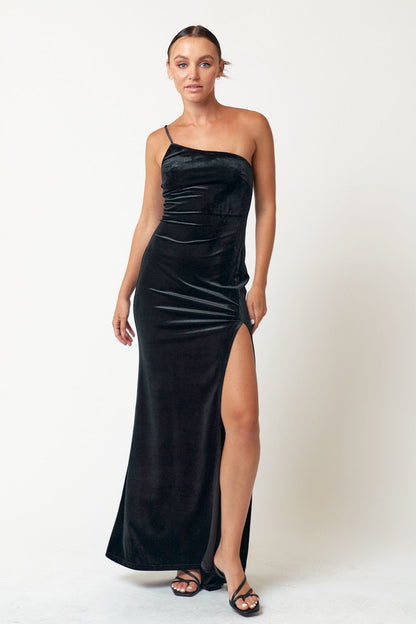 Formal Dresses Long One Shoulder Velvet Dress Black