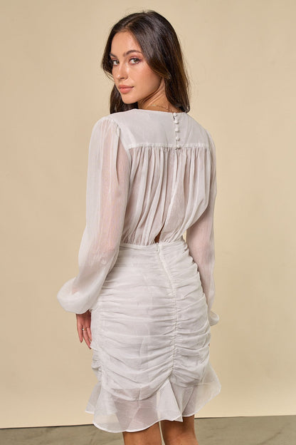 Cocktail Dresses Long Sleeve Ruffled Short Dress Ivory