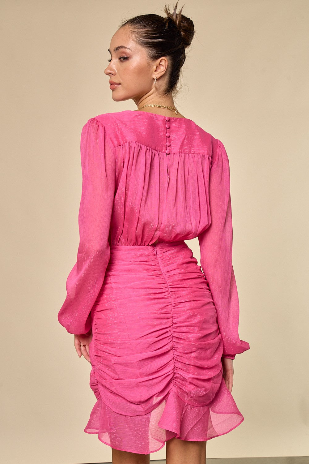 Cocktail Dresses Long Sleeve Ruffled Short Dress Pink