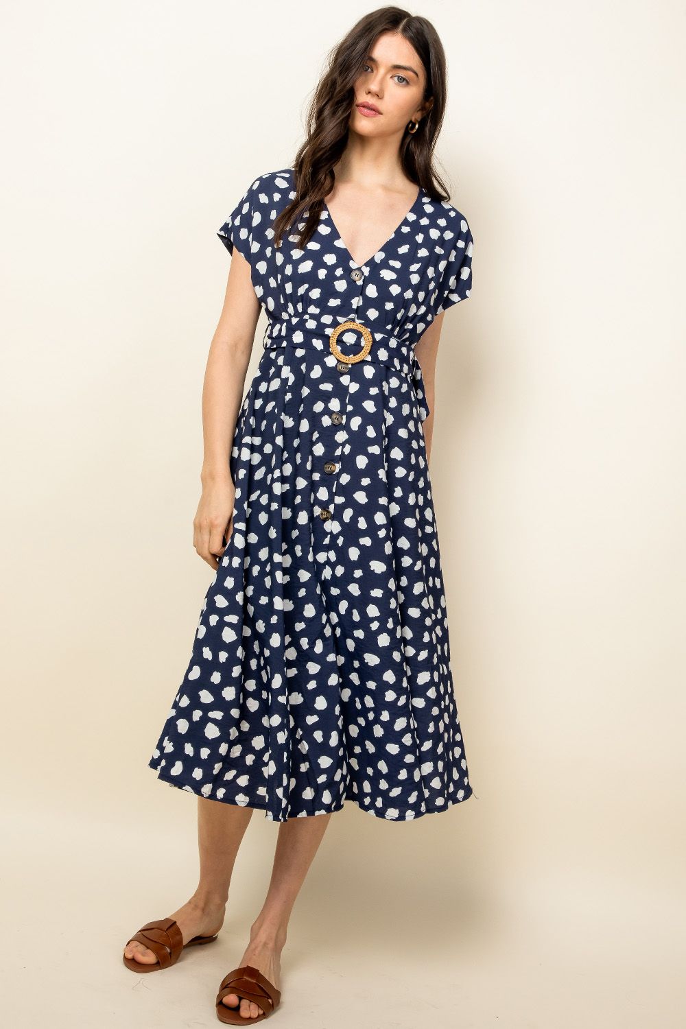 Cocktail Dresses Spotted Button Down Midi Dress Navy