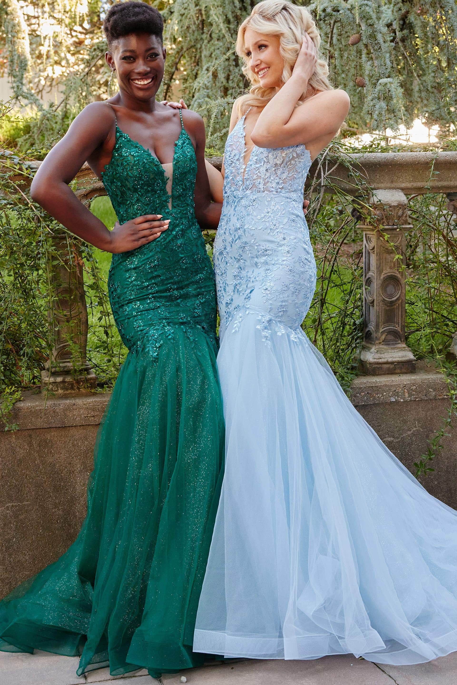 Prom Dresses Embroidered Plunging Neckline Mermaid Long Prom Dress Emerald Light Blue