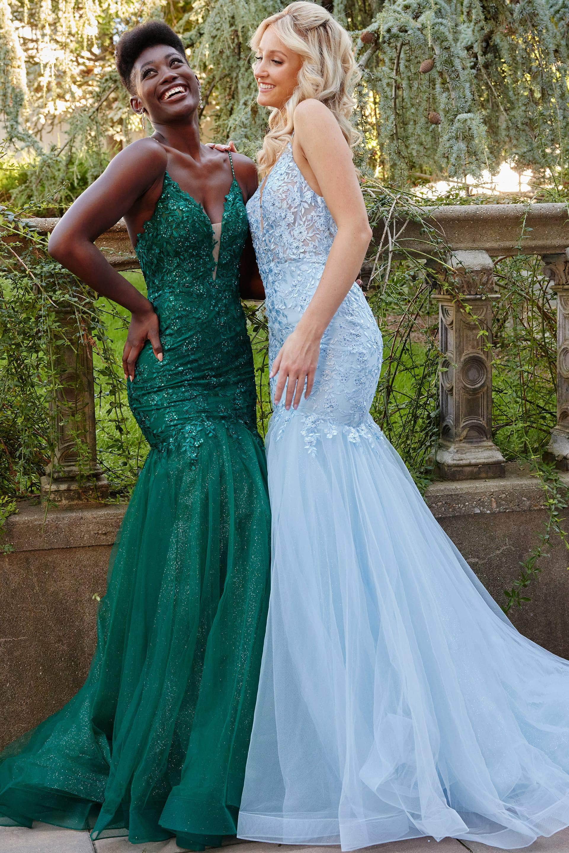 Prom Dresses Embroidered Plunging Neckline Mermaid Long Prom Dress Emerald Light Blue