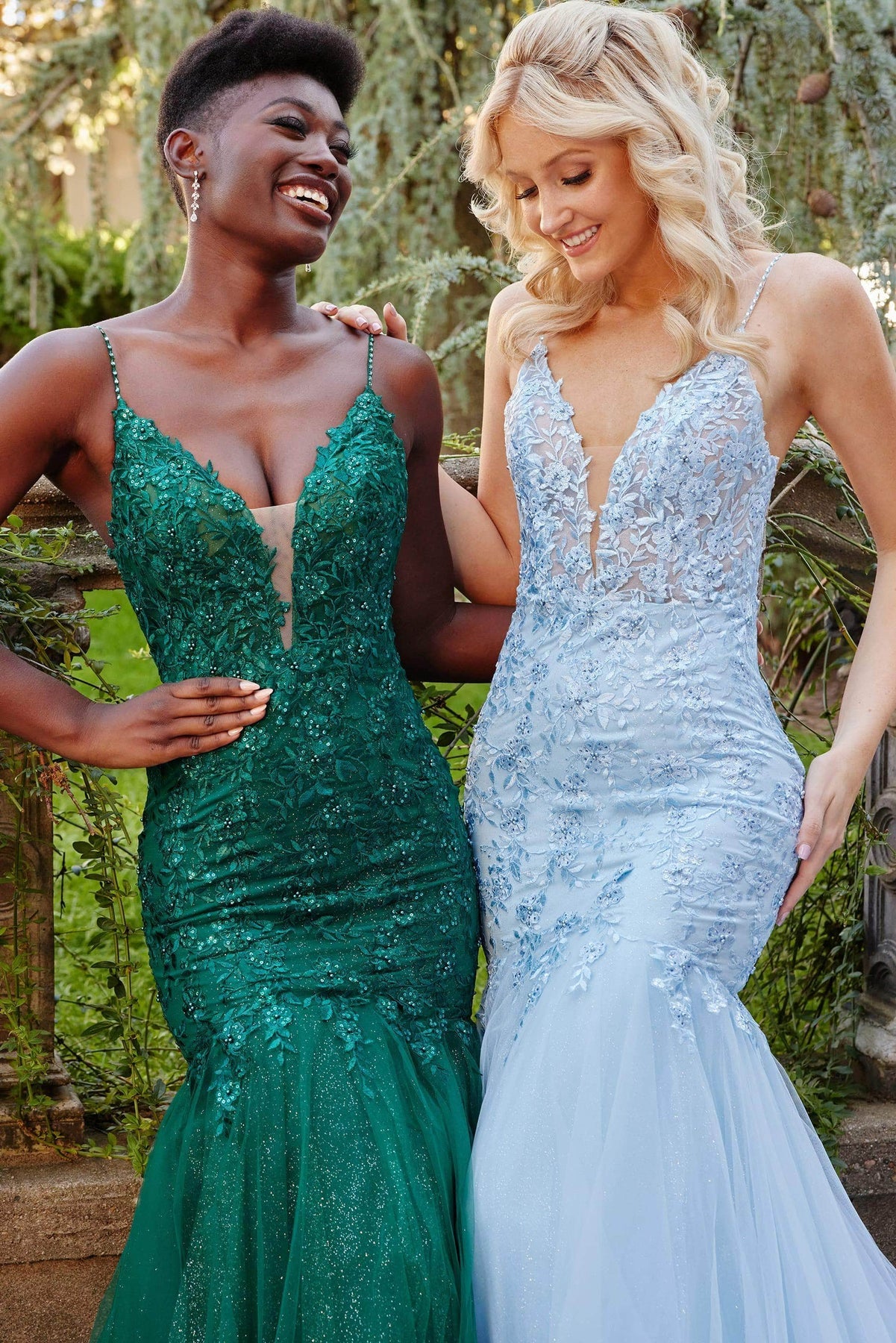 Prom Dresses Embroidered Plunging Neckline Mermaid Long Prom Dress Emerald Light Blue
