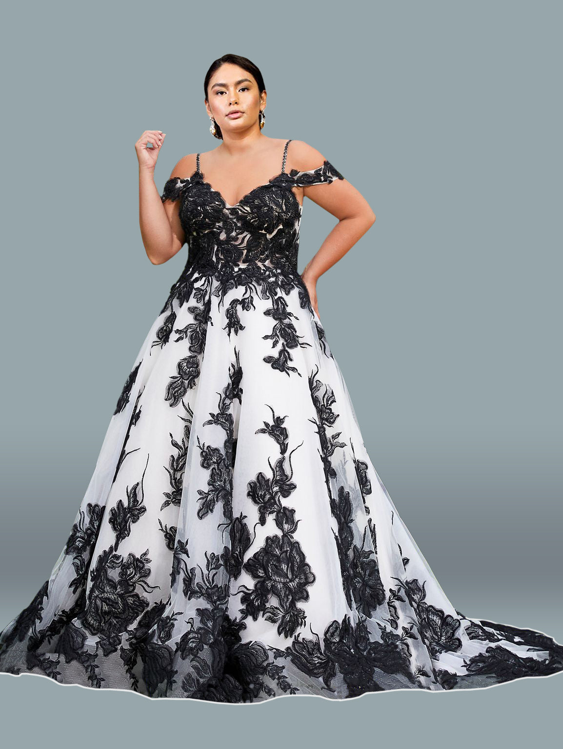 Black/White Long Off Shoulder Plus Size Wedding Dress Wedding