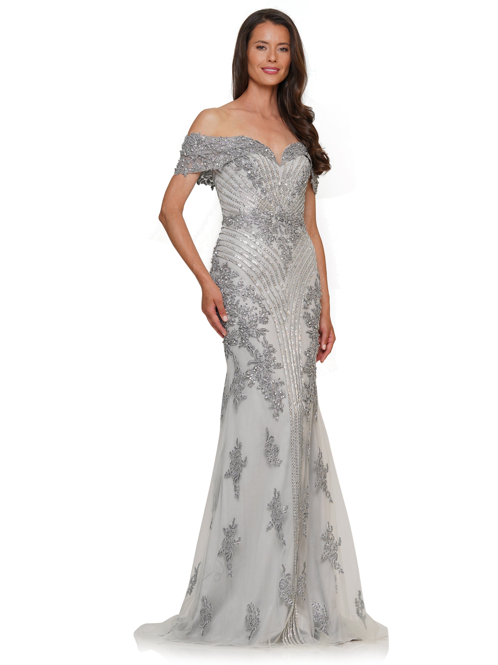 Mother of the Bride Dresses Mother of the Bride Off Shoulder Metallic Embroidered Tulle Dress Silver