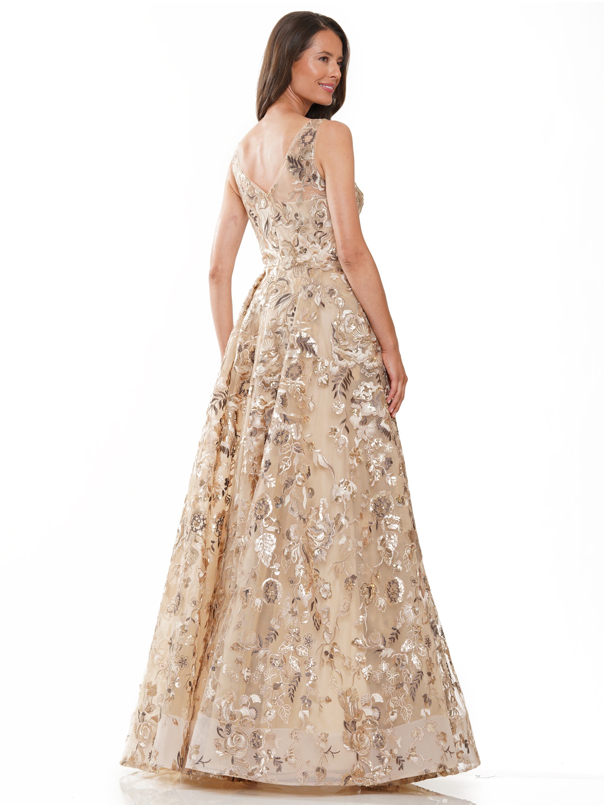 Prom Dresses Long Sleveless V Neck Embroidered Tulle Formal Prom Dress Gold