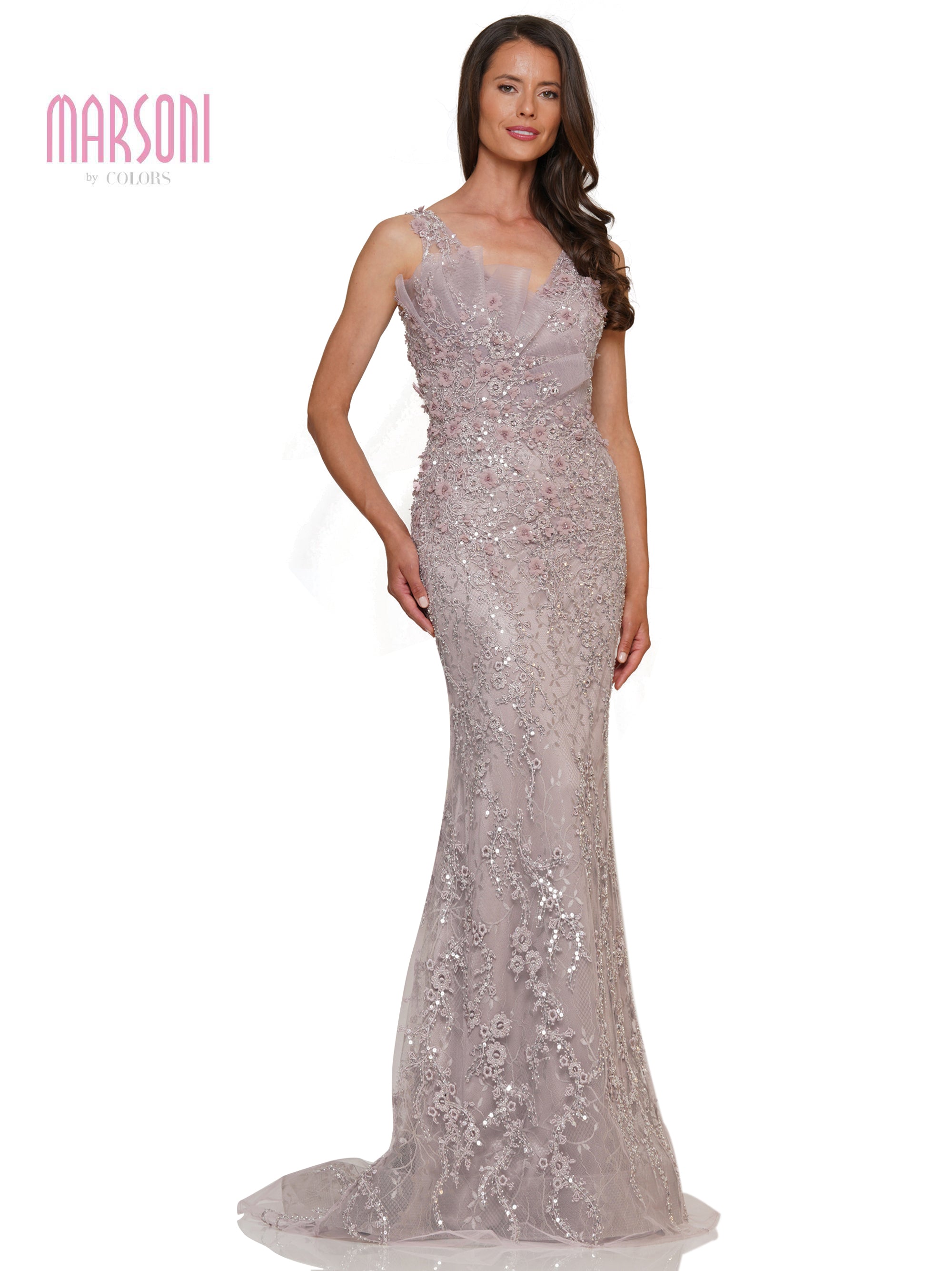 Mauve Marsoni MV1279 Formal Embroidered Beaded Tulle Sleeveless Dress