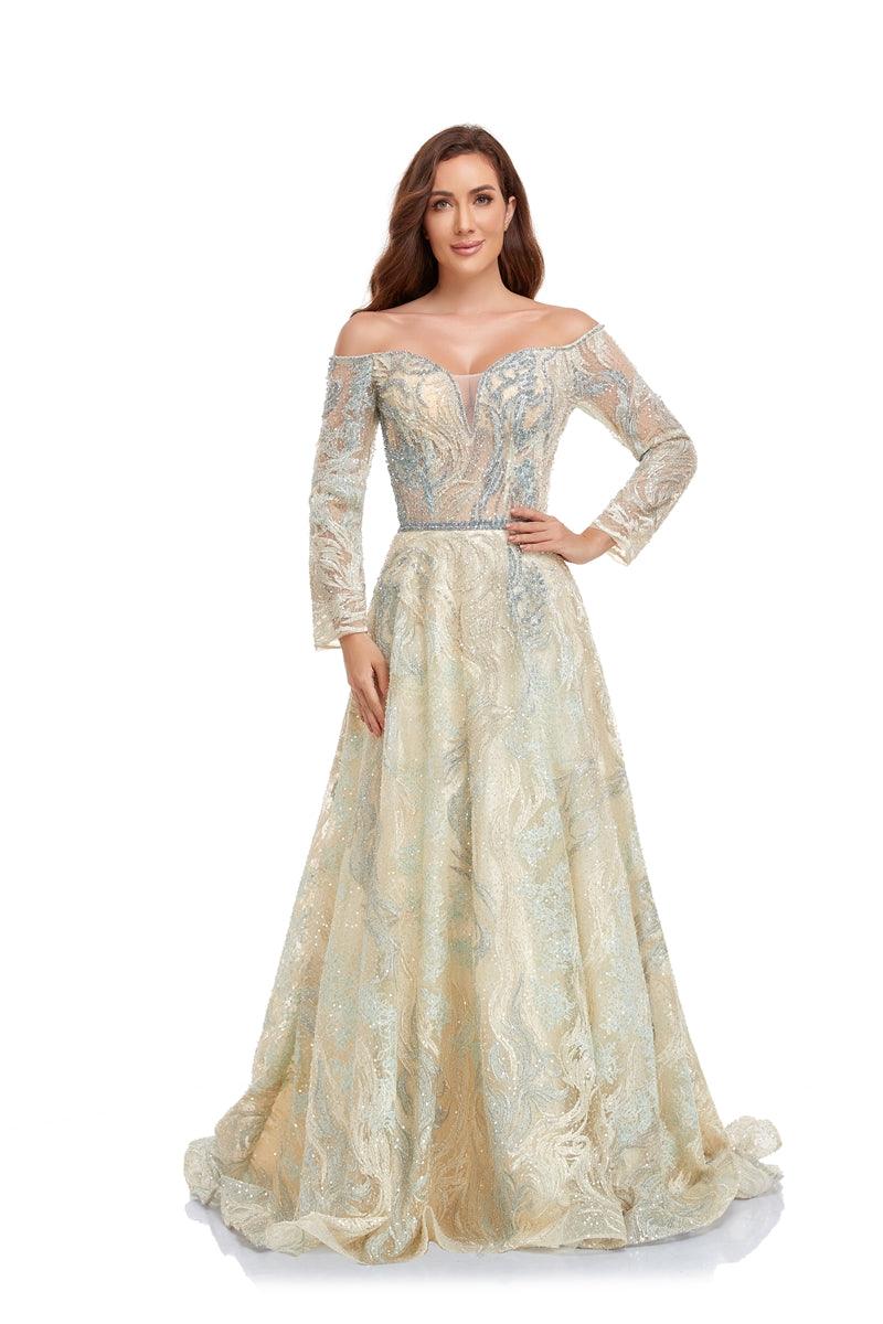 Prom Dresses Prom Long Off Shoulder A Line Ball Gown Beige