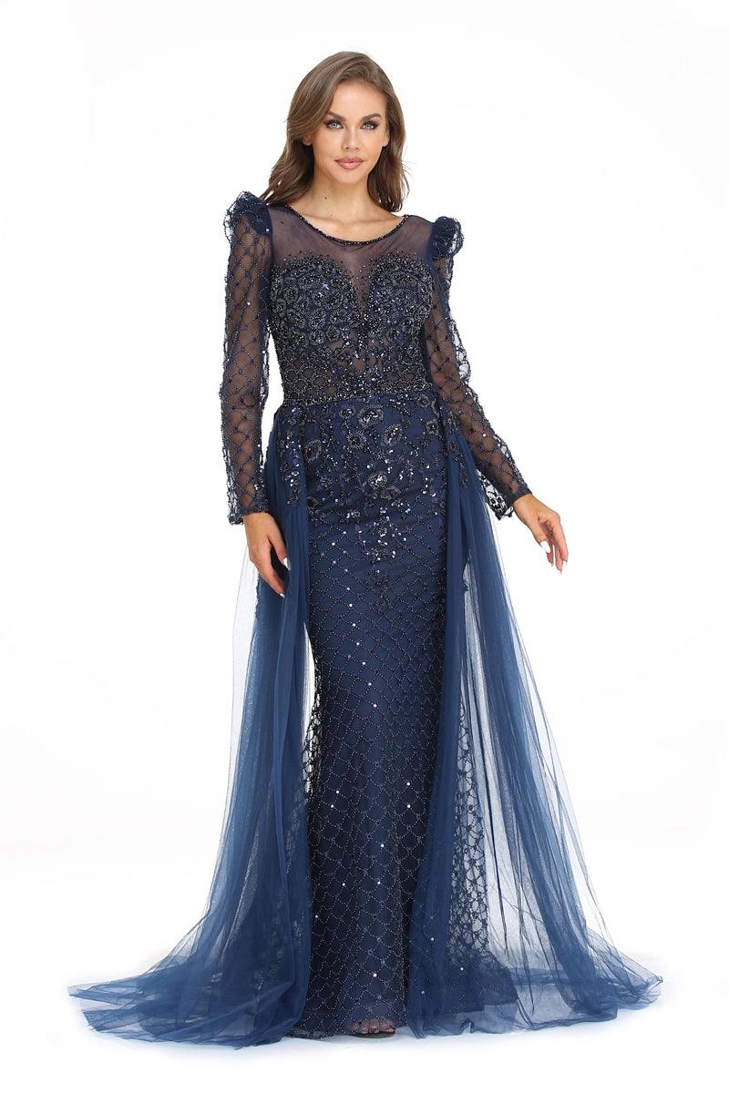 Prom Dresses Long Sleeve Formal Evening Prom Gown Navy