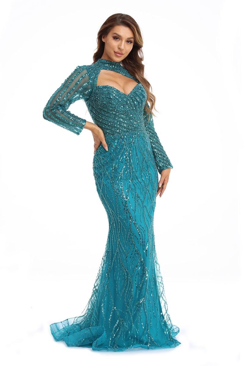 Prom Dresses Long Sleeve Formal Beaded Prom Gown Turquoise