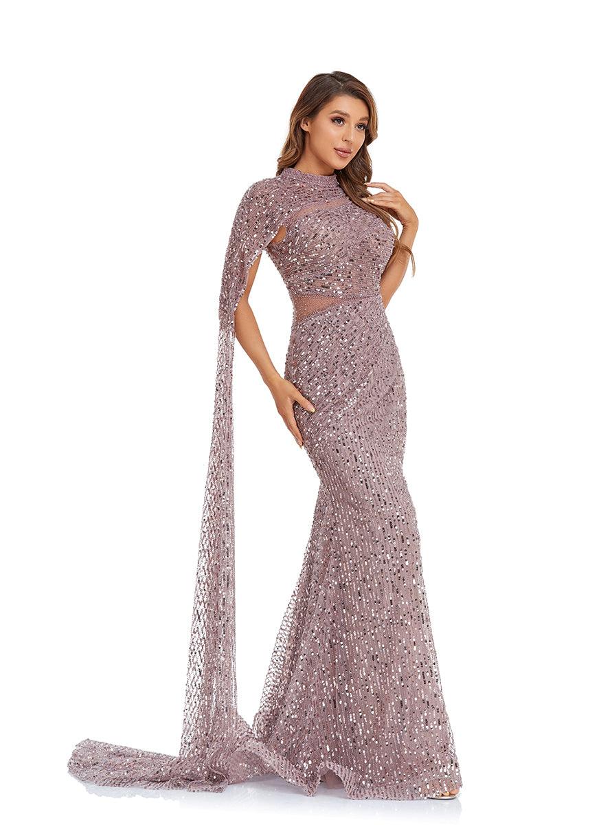 Prom Dresses Prom Long Cap Sleeve Beaded Formal Dress Dusty Rose