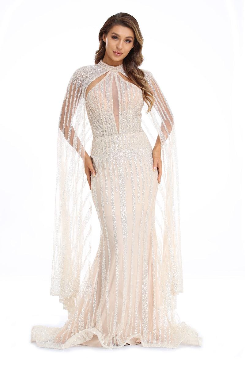 Beige High Couture NR2257 Prom Long Halter Formal Cape Dress