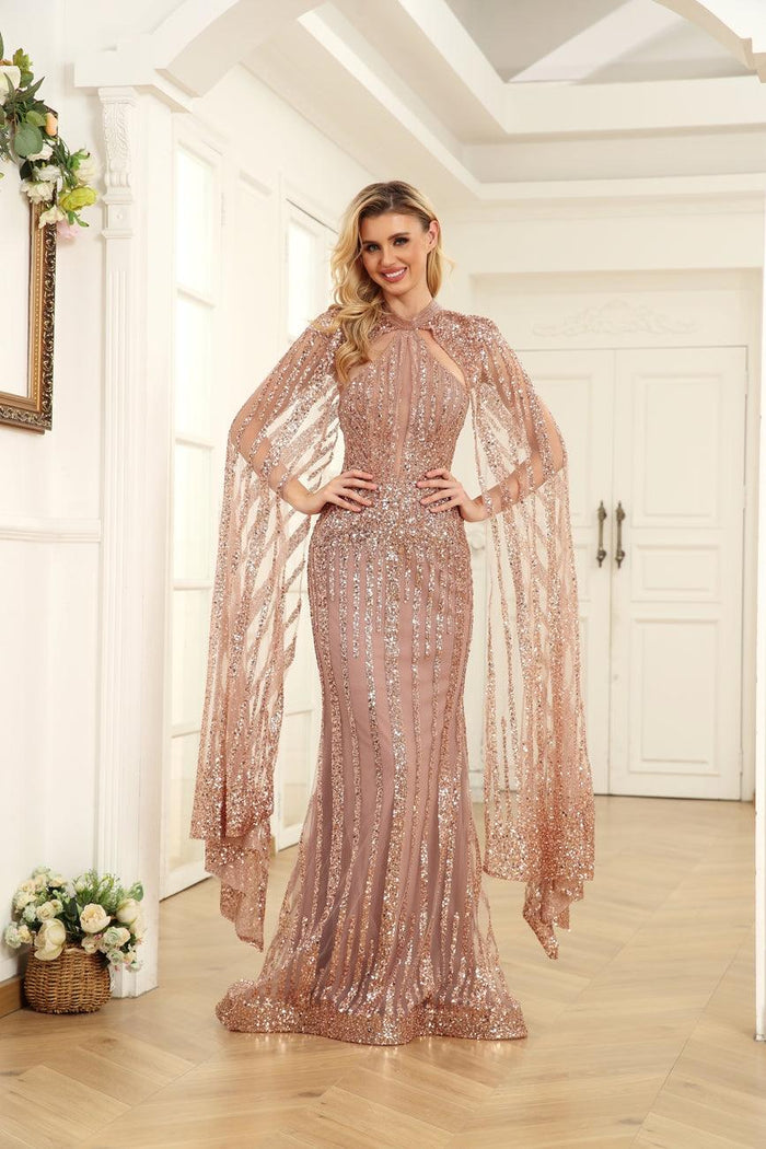 Prom Dresses Prom Long Halter Formal Cape Dress Rose Gold