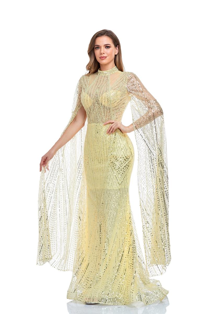 Prom Dresses Long Sleeve Formal Cape Dress Yellow